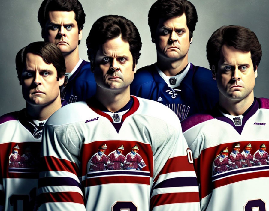 Four Men in Hockey Uniforms with Varying Expressions Against Dark Background