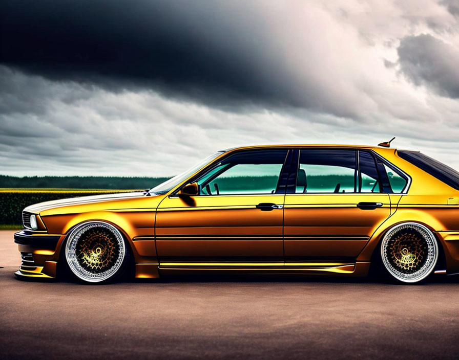 Golden BMW with chrome rims parked on empty road by green field.