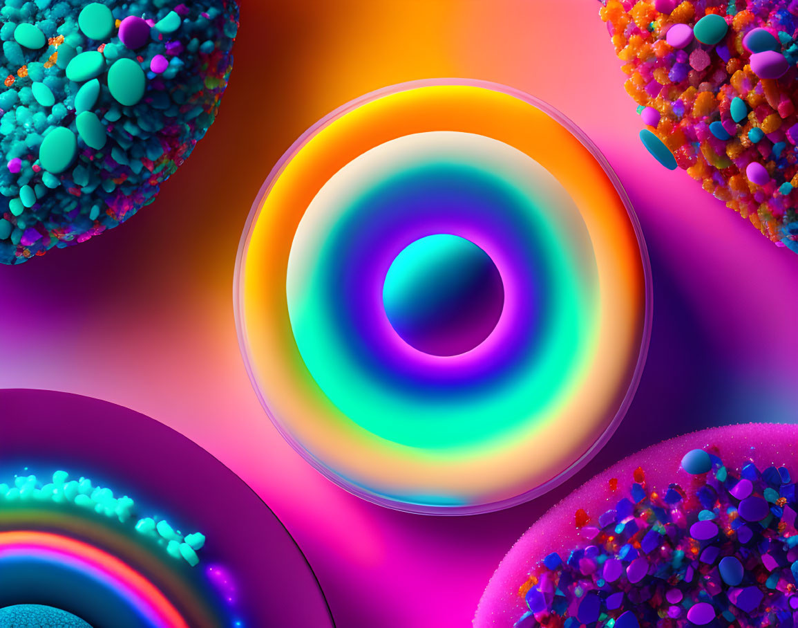 Colorful 3D digital illustration of glossy torus shapes and particles on gradient background