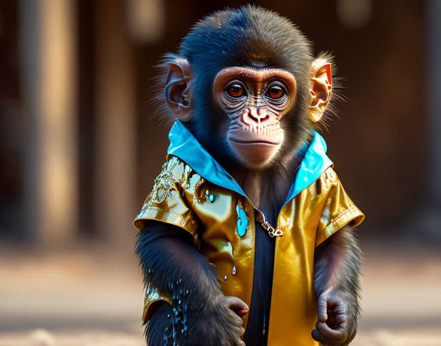 Young Monkey in Yellow and Blue Jacket Sitting on Dusty Ground