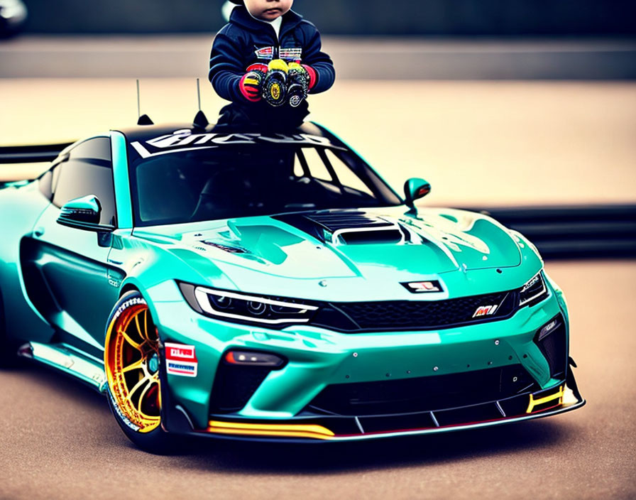 Child on Vibrant Teal Sports Car with Golden Rims Holding Toy Car