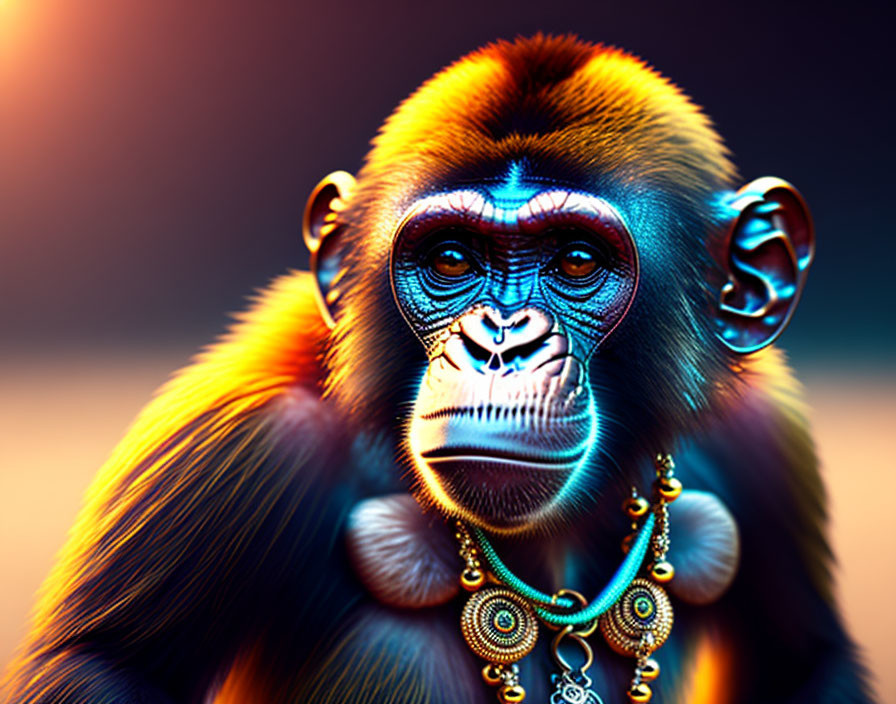 Digitally altered chimpanzee with jewelry in vibrant colors