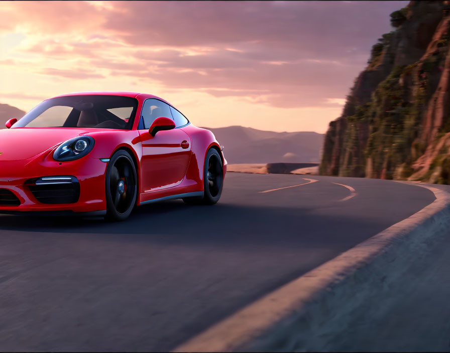 Red sports car on coastal road at sunset with cliffs and curving road