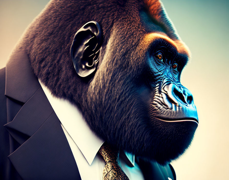 Stylized gorilla in suit with warm cinematic colors