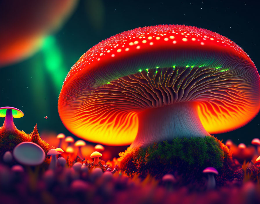 Vibrant digital art: oversized mushrooms in mystical forest with neon aurora