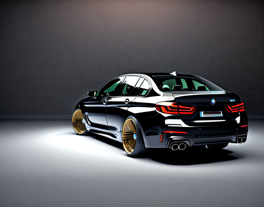 Black BMW with Blue Highlights and Gold Rims in Studio Setting