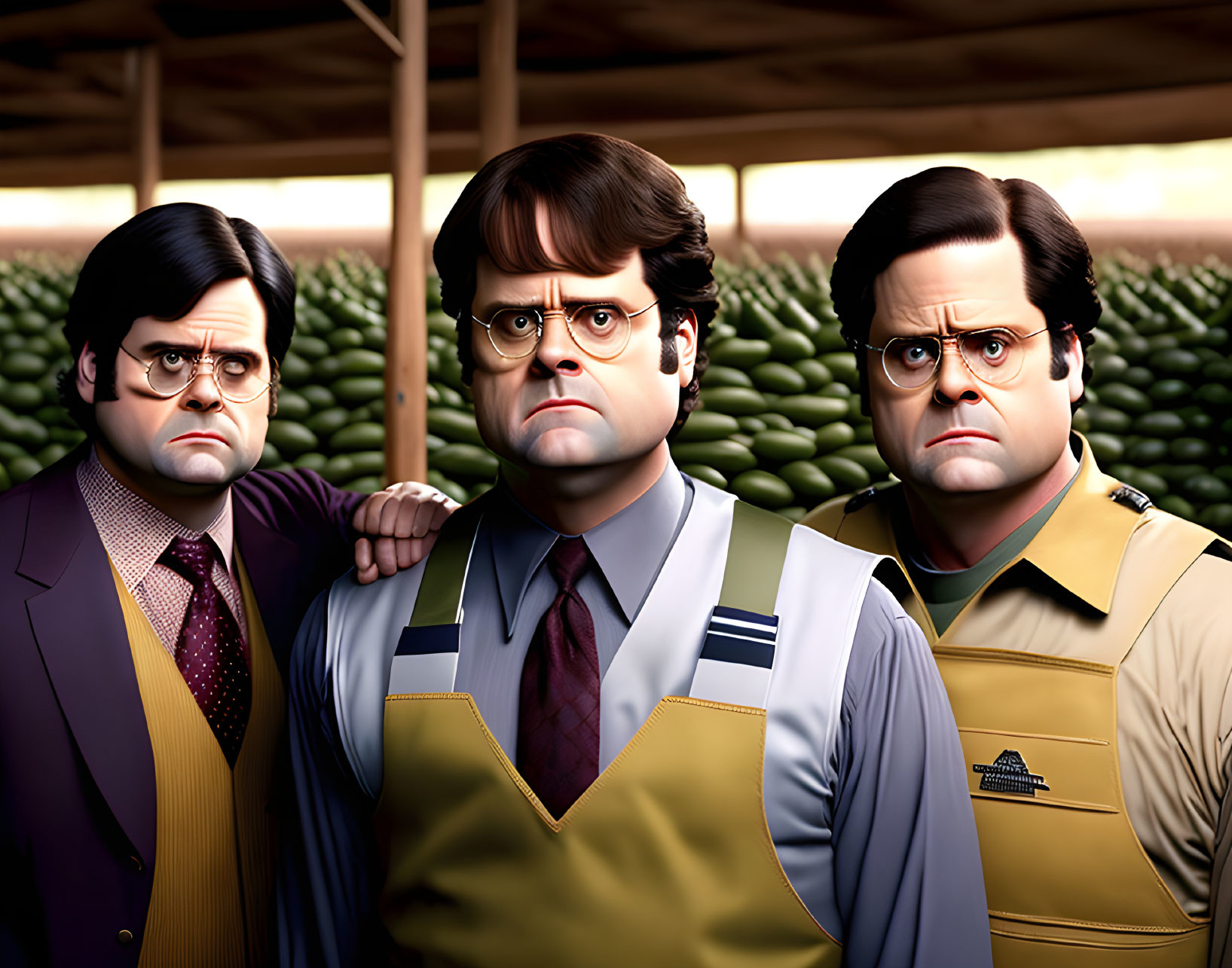 Three stylized cartoon men in business attire with serious expressions in a warehouse