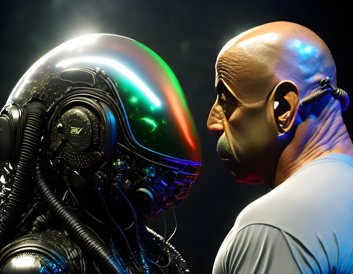 Man and robot with intricate head designs in close face-off with colorful light spectrum.