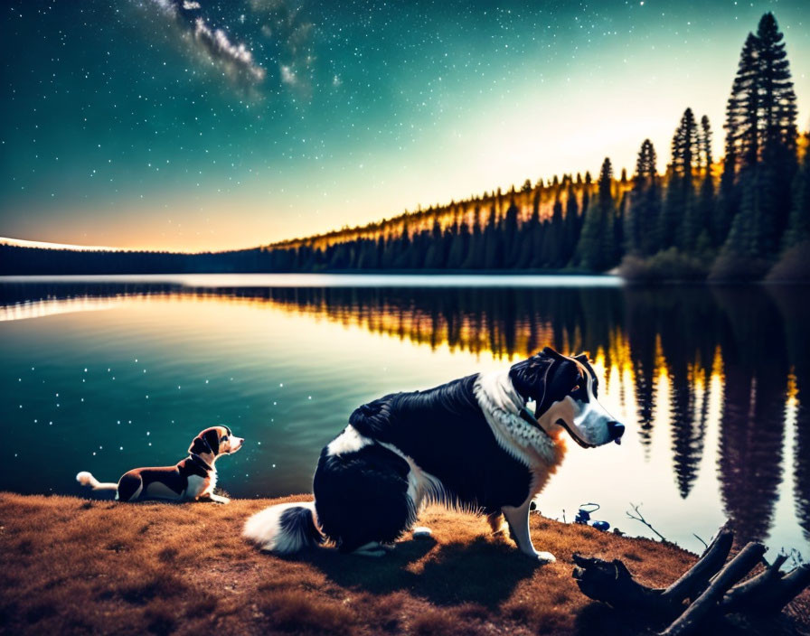 Two Dogs by Serene Lake at Twilight with Starry Sky & Silhouetted Pine Trees