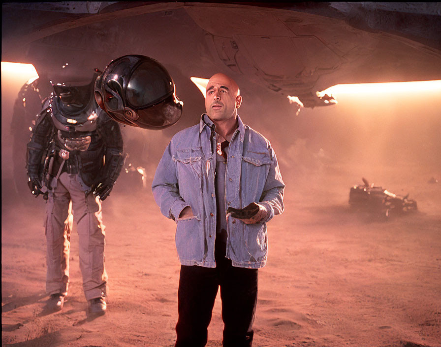 Two individuals under spacecraft on alien terrain with warm backlight.