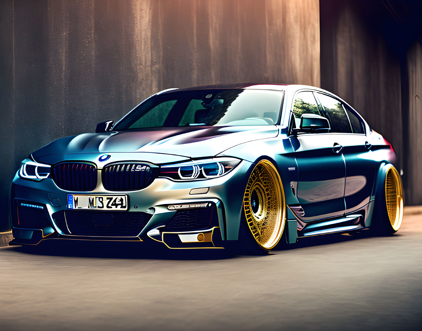 Custom Painted BMW with Golden Rims in Shaded Area