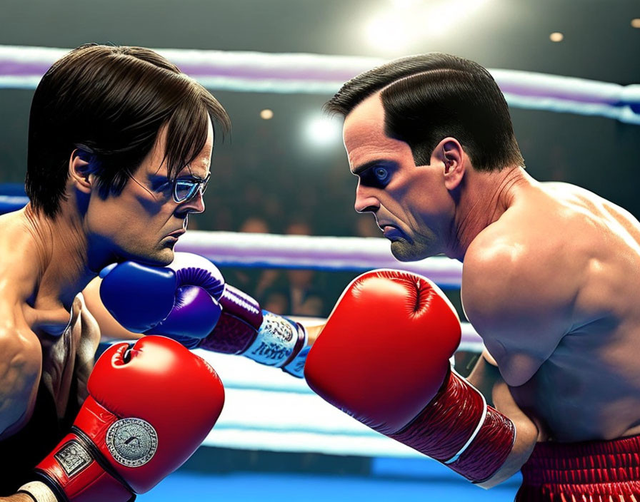 Animated male boxers in blue and red gloves face off in intense gaze