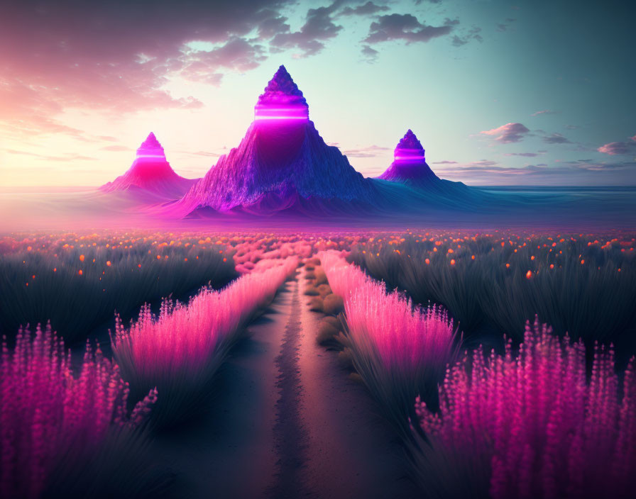 Glowing purple mountains, pink field, path under dreamy sky