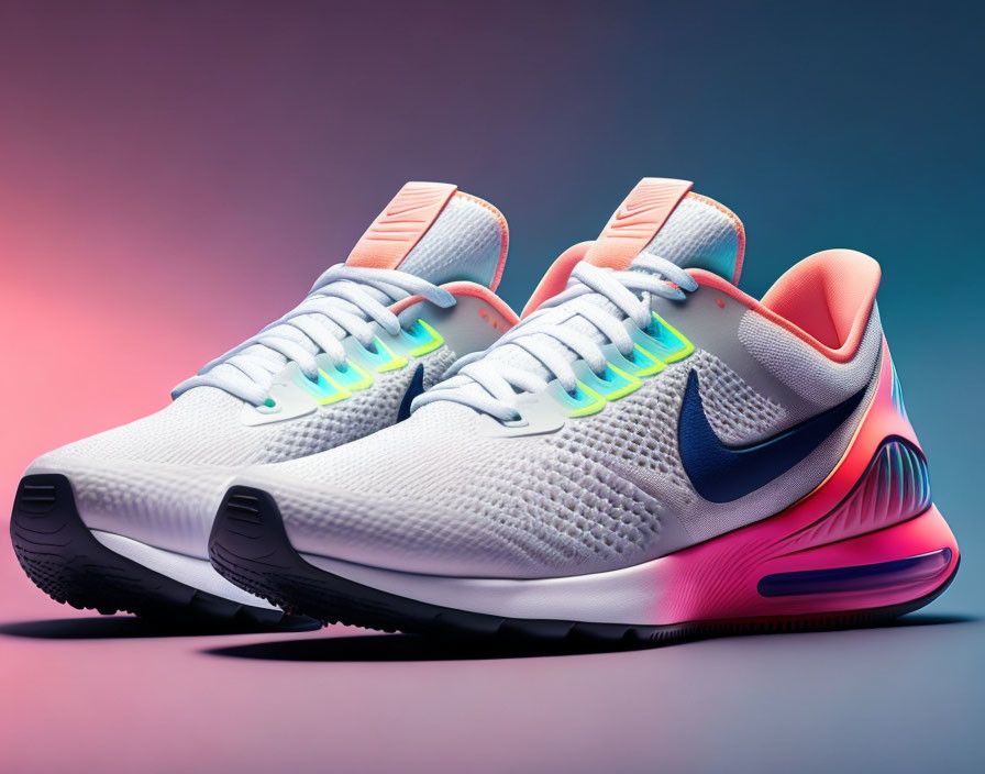 White Nike Running Shoes with Neon Accents on Gradient Blue and Pink Background