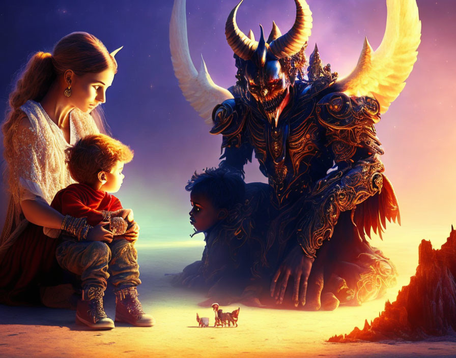 Fantasy artwork: queen, child, warrior, boy at sunset landscape