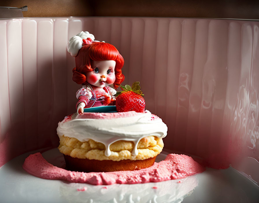 Red-haired vintage doll on strawberry cupcake in pink baking dish