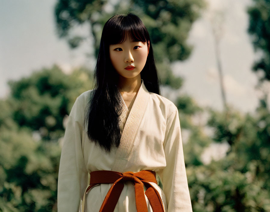 Person with Black Hair in Traditional Attire Outdoors