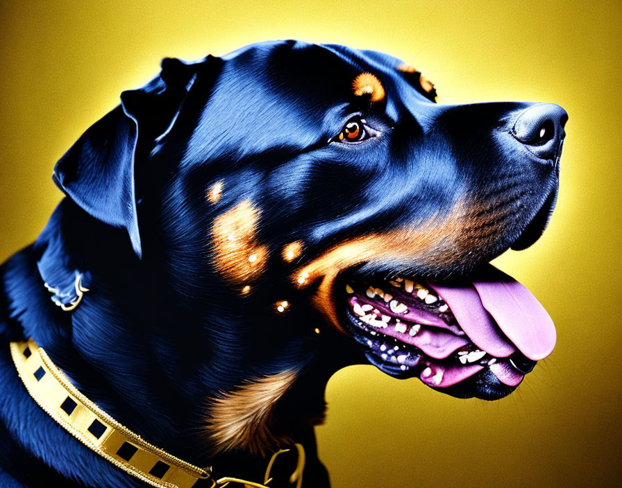 Close-Up Black and Tan Rottweiler Dog with Studded Collar on Yellow Background