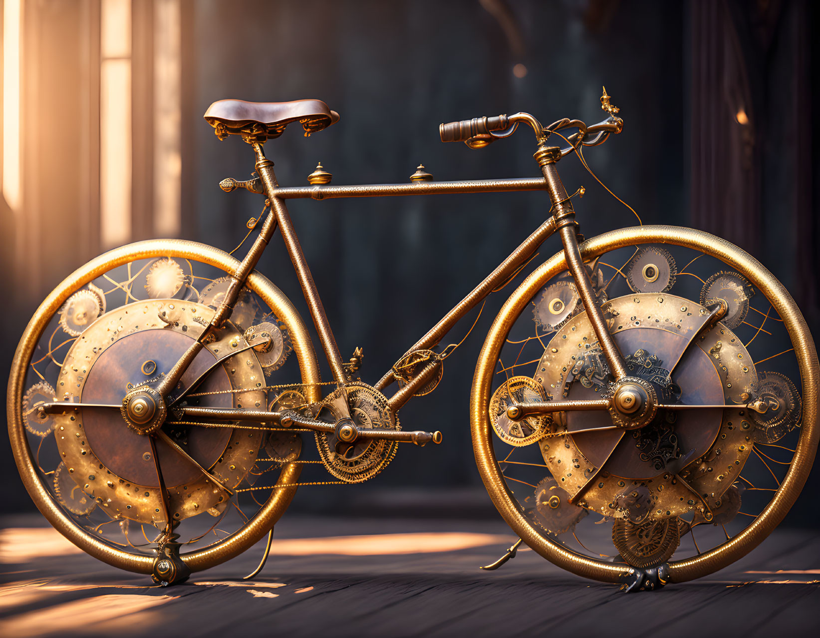 Vintage-style Bicycle with Intricate Cog and Gear Design in Warm Golden Light