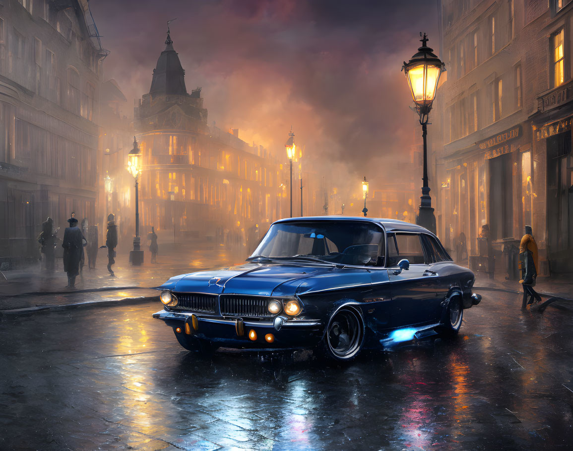 Classic vintage car in foggy urban setting with street lamps and pedestrians.