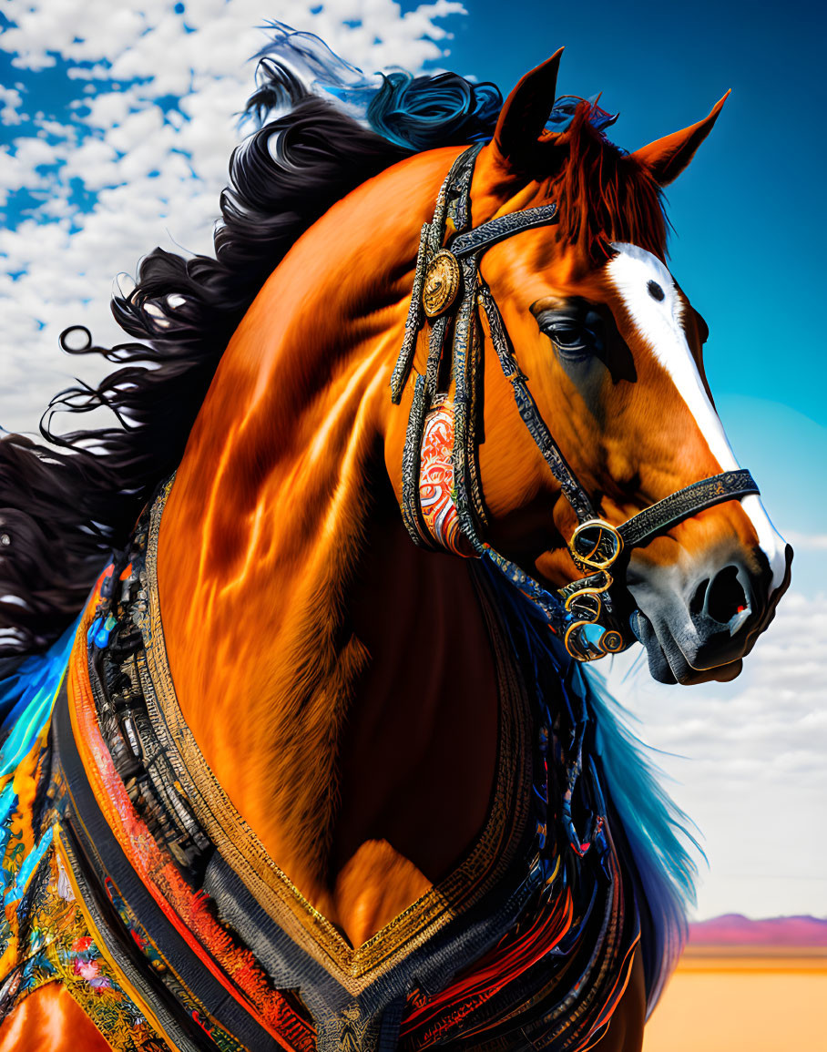 Chestnut horse with ornate bridle in desert landscape