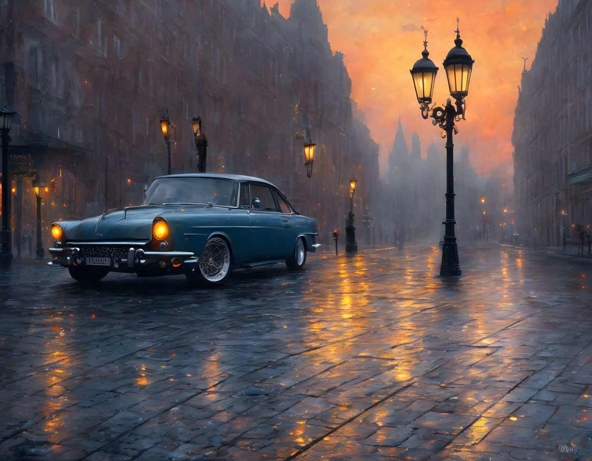 Vintage car on wet cobblestone street at dusk with glowing streetlamps and fiery sky.