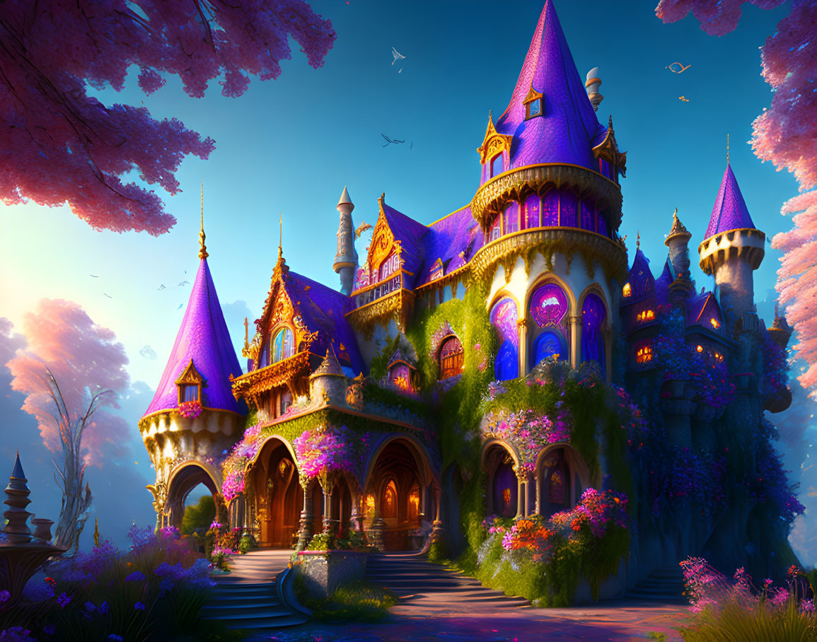 Enchanting castle with purple roofs in twilight garden