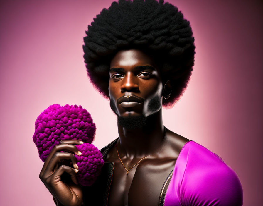 Man with Prominent Afro Hairstyle Holding Pink Pom-Pom on Purple Sleeve and Pink Background