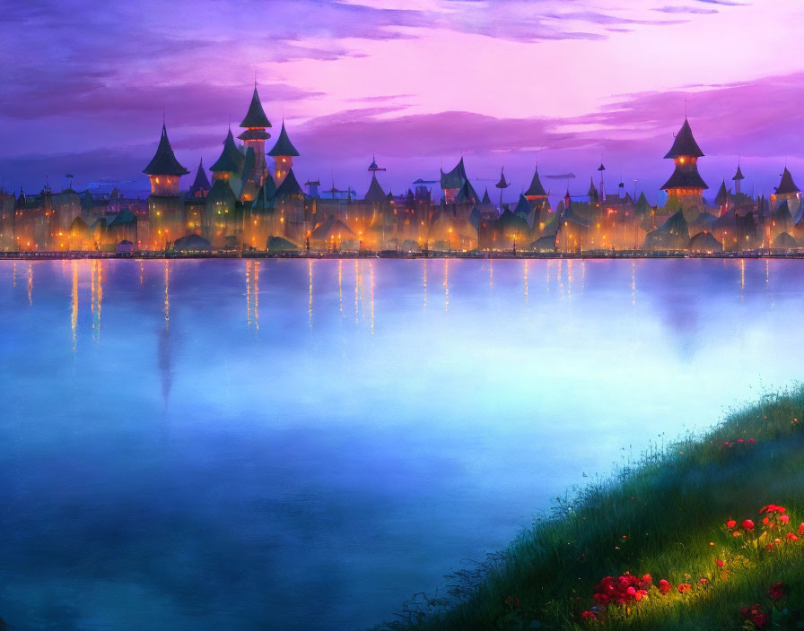 Tranquil lake at twilight with fantasy cityscape reflections