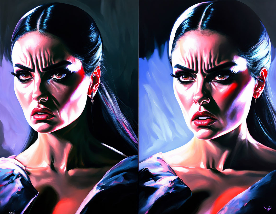 Stylized dual portrait of woman with dramatic expression and contrasting cool/warm lighting