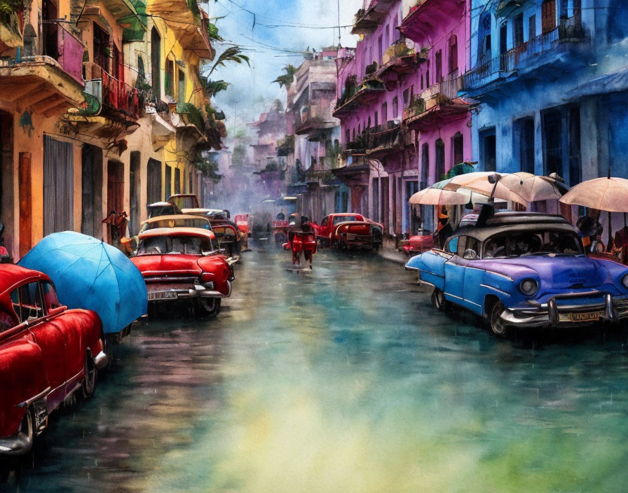 Vibrant street scene with vintage cars and people in Cuban town