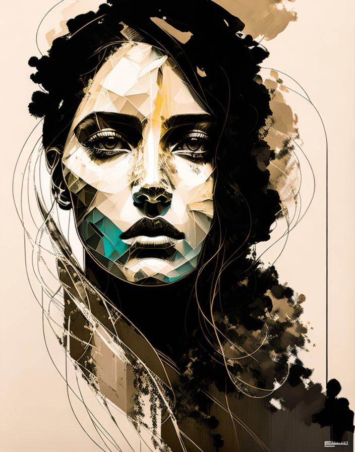 Stylized portrait of a woman with geometric and organic elements in sepia and black palette