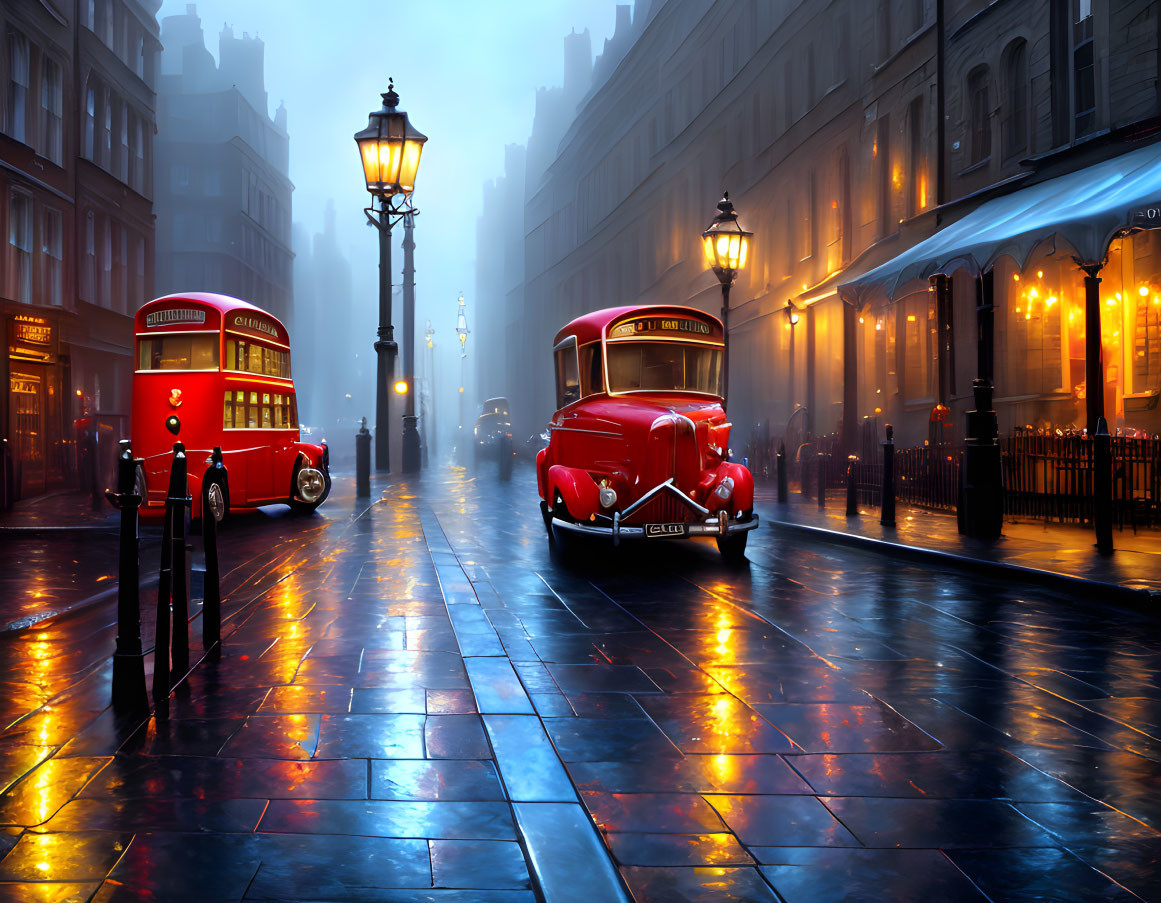 Foggy London street at dusk with vintage red buses and glowing street lamps