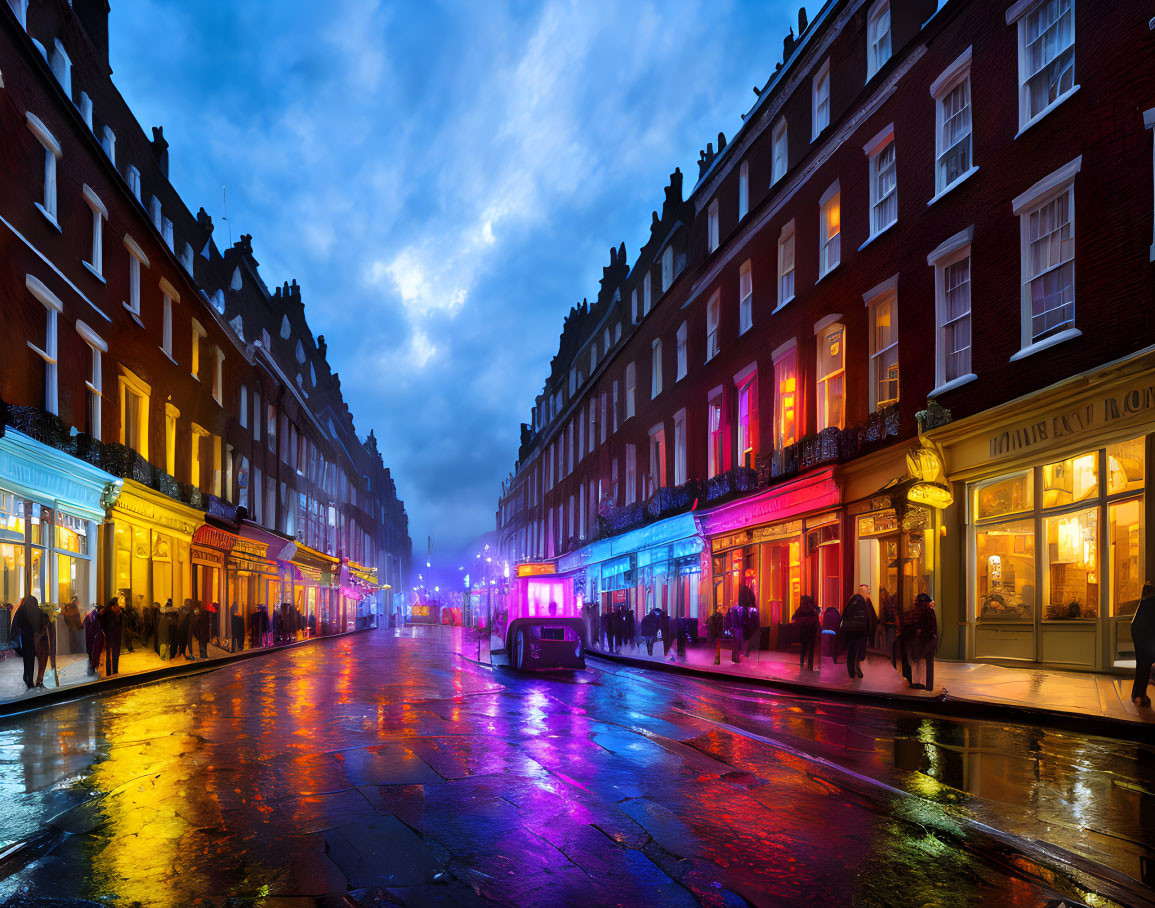 Busy urban street at night with lit shopfronts and people, featuring a black cab and twilight sky