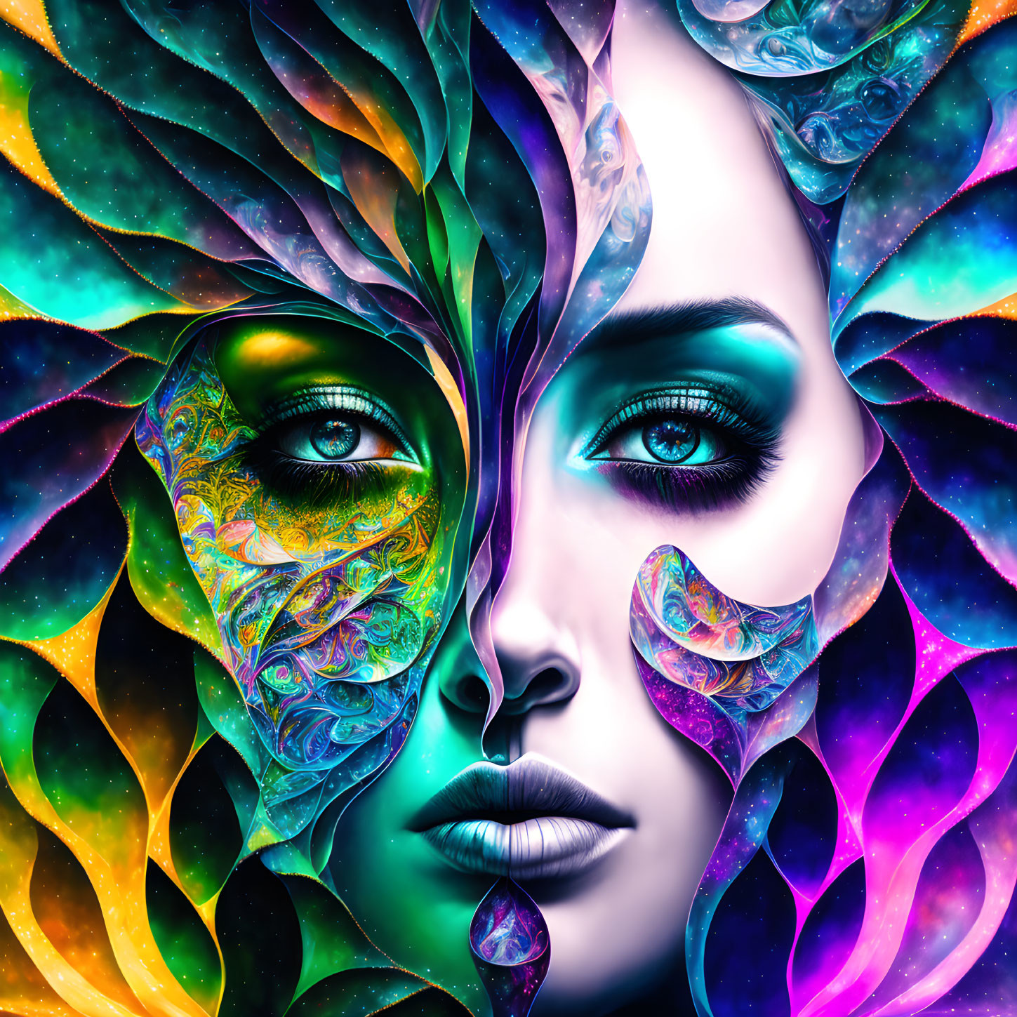 Colorful digital artwork: Woman's face with leaf and cosmic patterns in starry space.