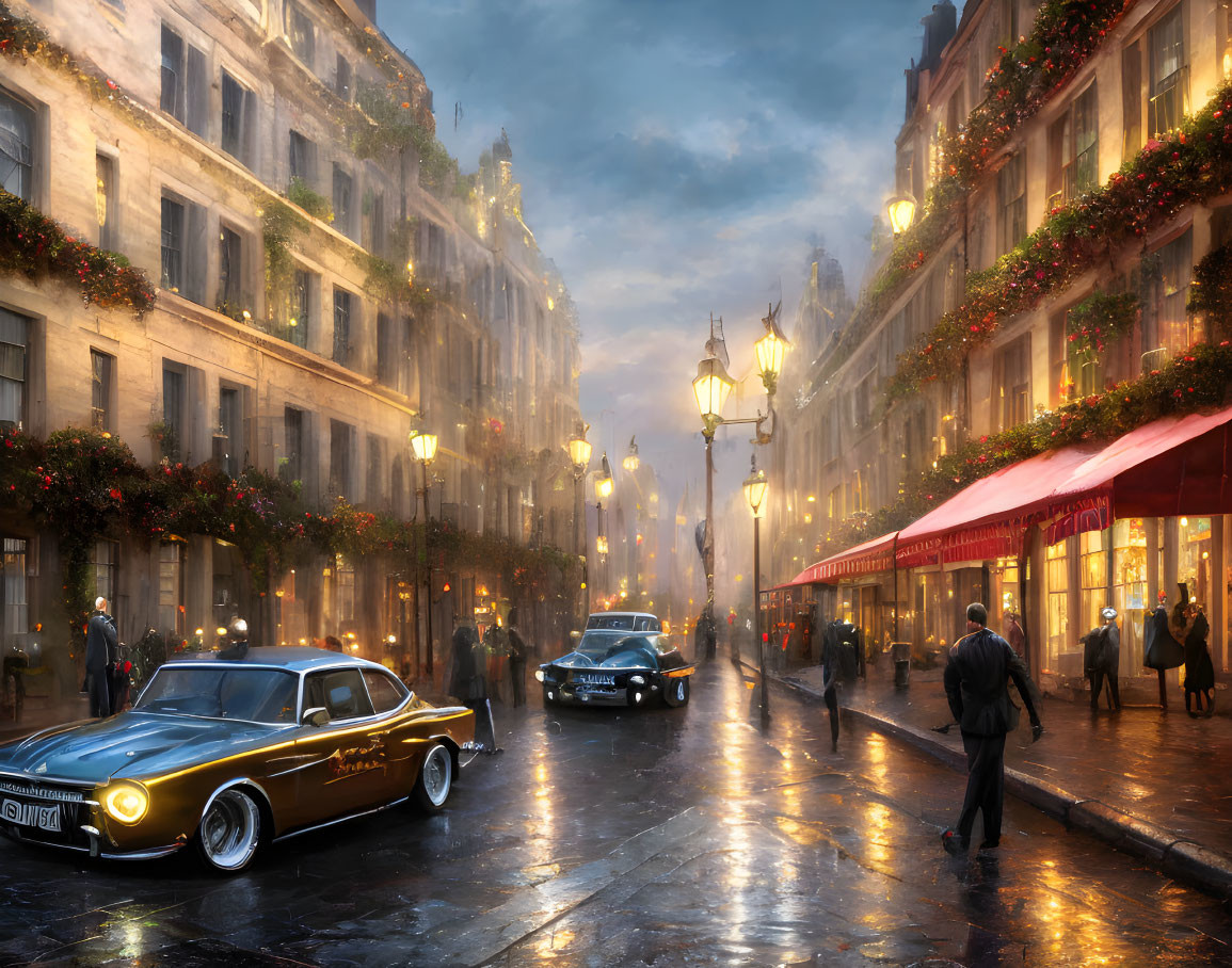 Vintage cars and pedestrians on elegant city street at misty evening