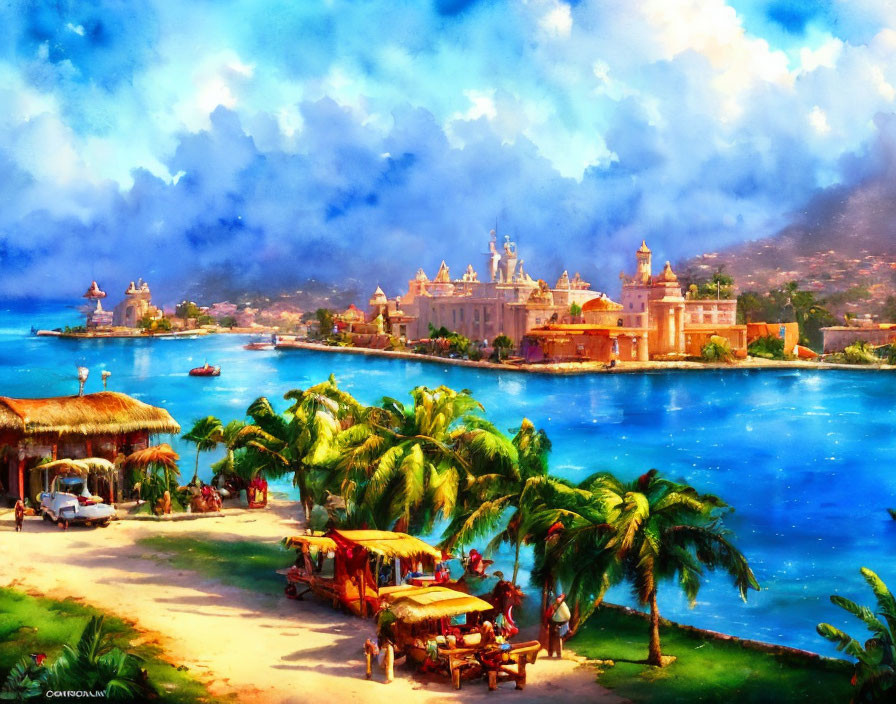 Coastal marketplace with palm trees, boats, and grand architecture against mountain backdrop