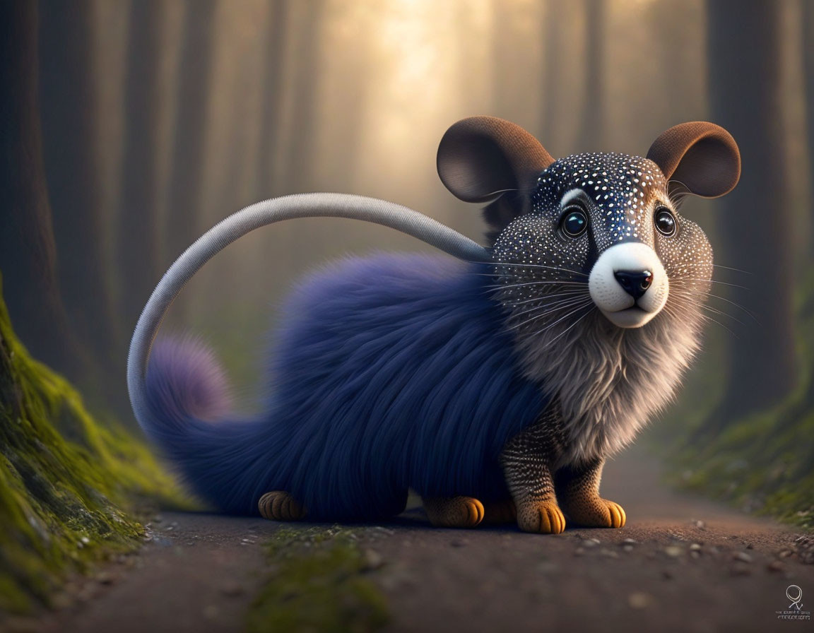 Colorful rodent illustration in blue coat on misty forest path