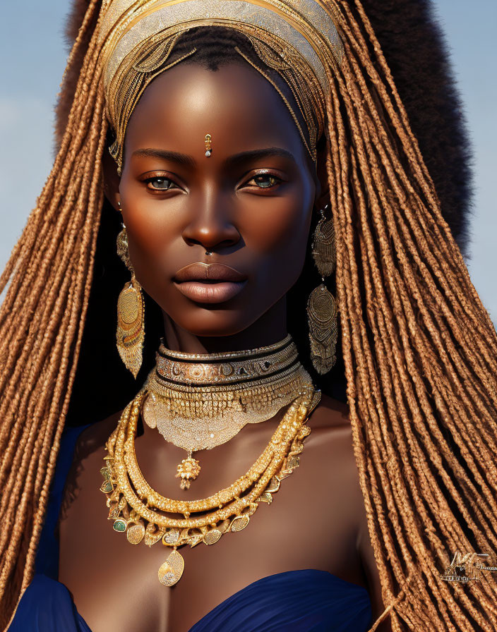 Portrait of Woman with Dark Skin, Golden Headwear, Hoop Earrings, and Braided Hair