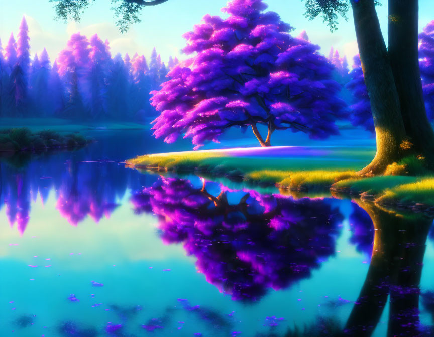 Purple Tree Landscape by Calm Lake with Reflections