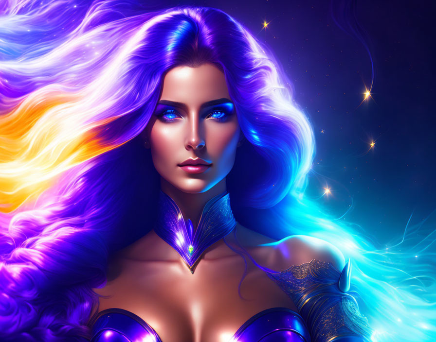 Vibrant female figure with multicolored hair in cosmic setting