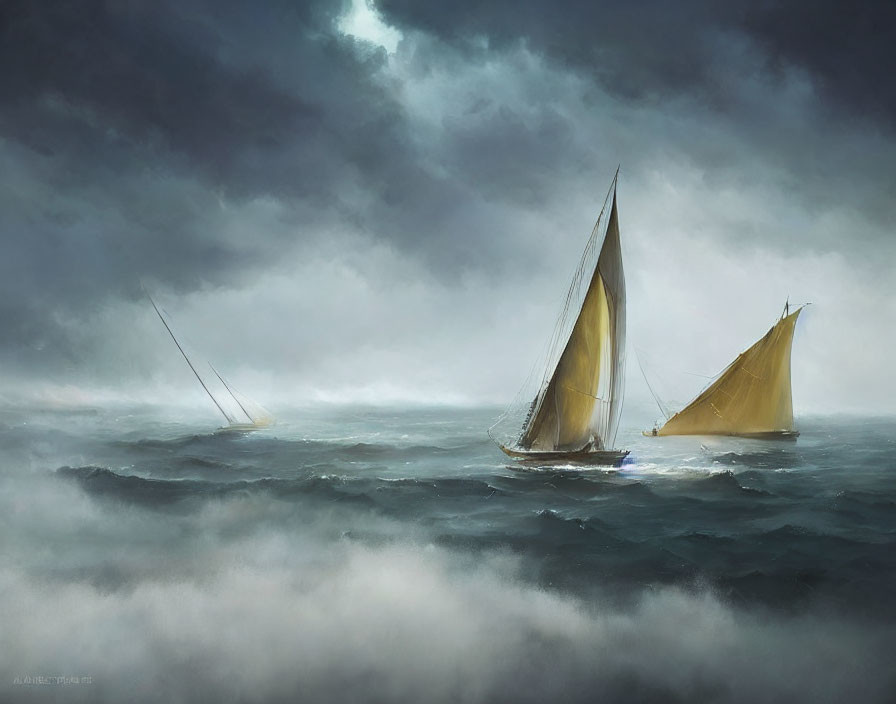 Sailboats in choppy seas under stormy sky with break in clouds.