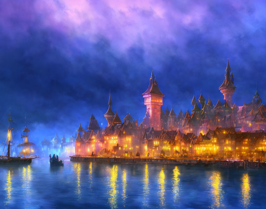 Fantasy-themed harbor with spire-topped buildings and boats under purple twilight sky