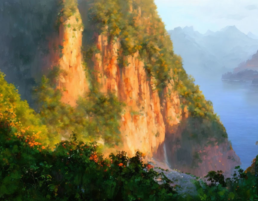 Sunlit cliffs and misty mountains with a calm river in a serene painting