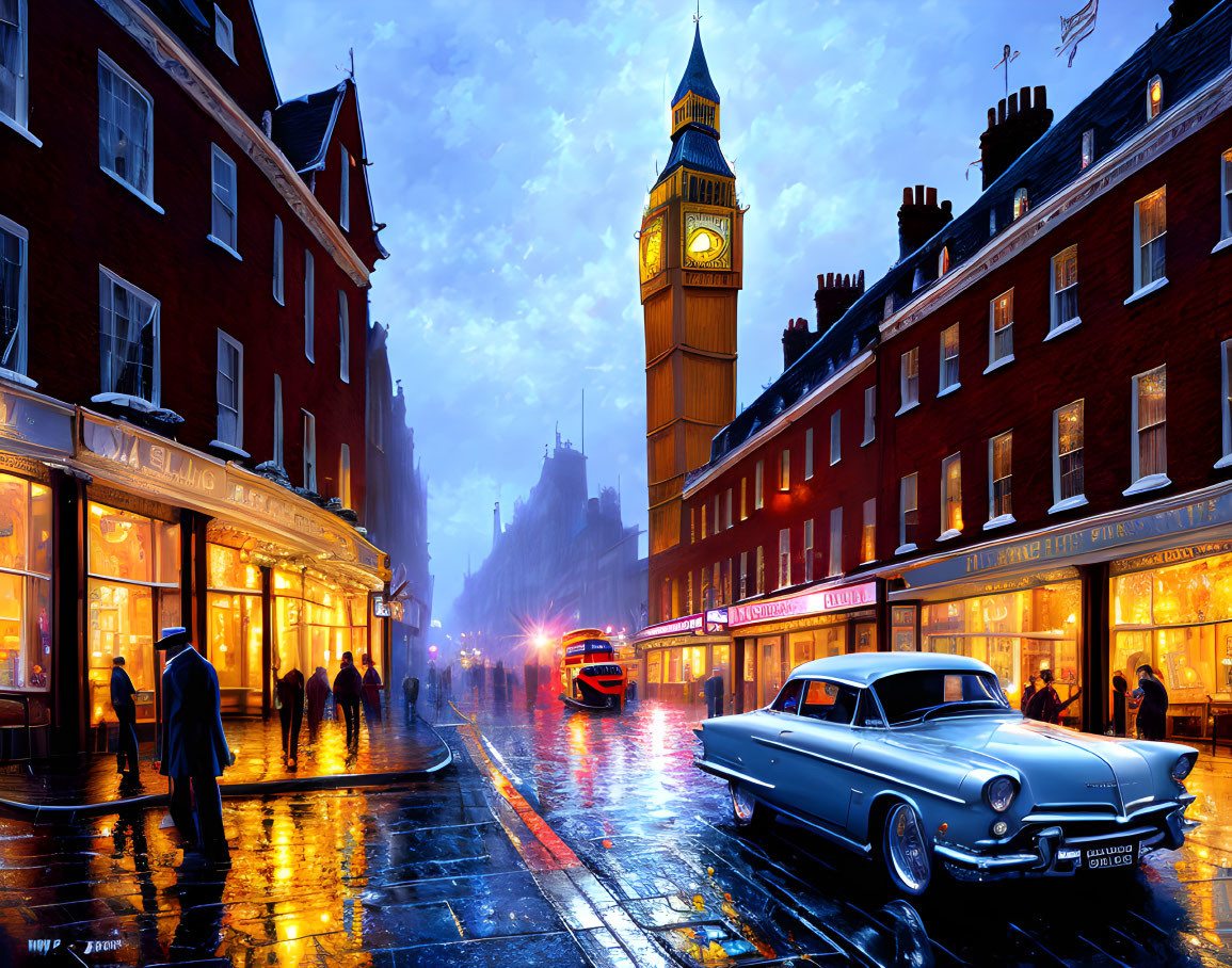 Iconic Big Ben in vibrant London evening scene with people, classic car, and city lights.