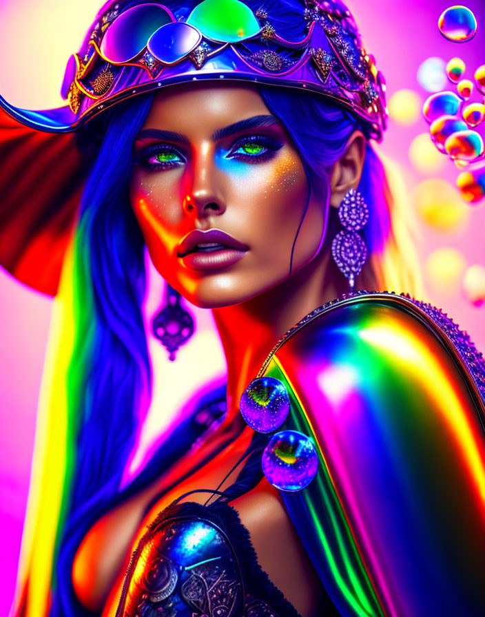 Colorful portrait of woman with rainbow makeup and crown on neon backdrop