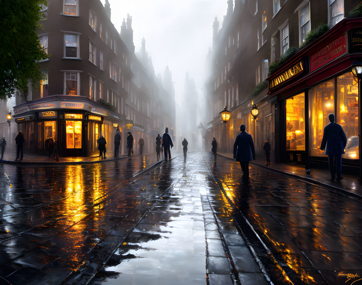 City scene: Misty evening, people on wet cobblestone street under warm shop lights.