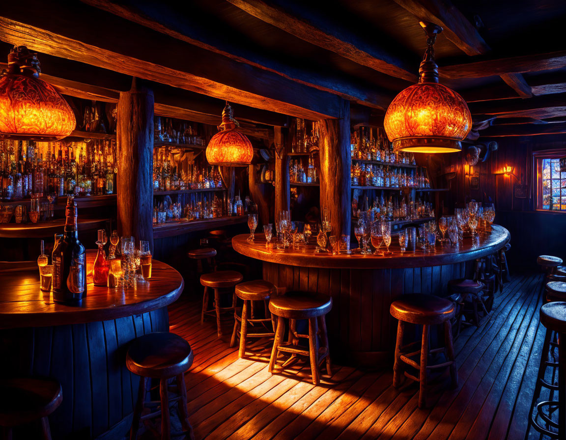 Vintage Bar with Wooden Counter and Hanging Lamps