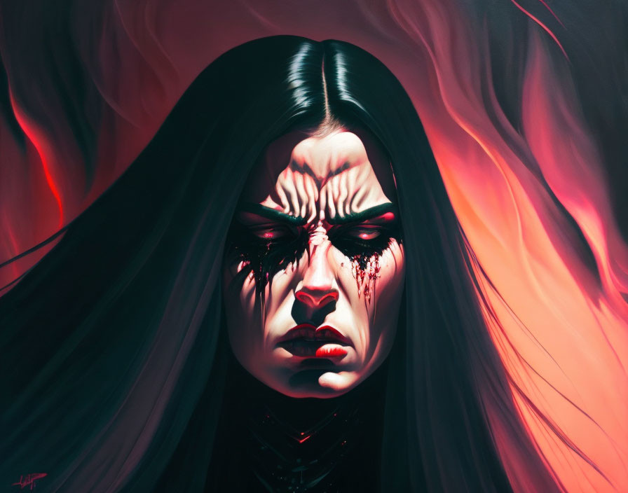 Digital painting of person with long dark hair, pale skin, frowning, blood under eyes, against