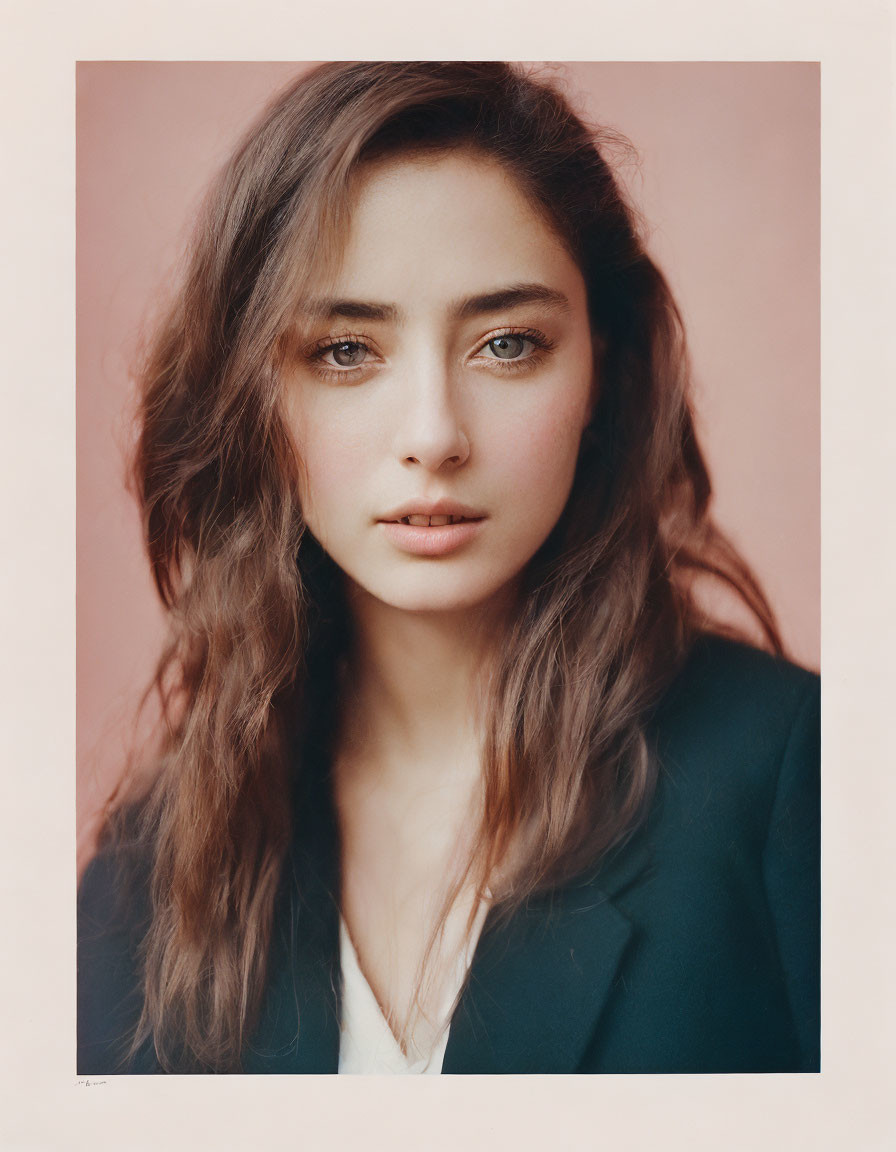 Portrait of woman with long wavy hair and intense gaze in dark blazer.